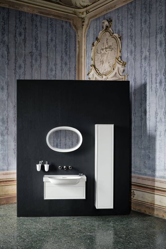 LAUFEN Hochschrank, 1 Tür, Scharnier rechts, mit 1 Holzfachboden und 4 Glasablagen